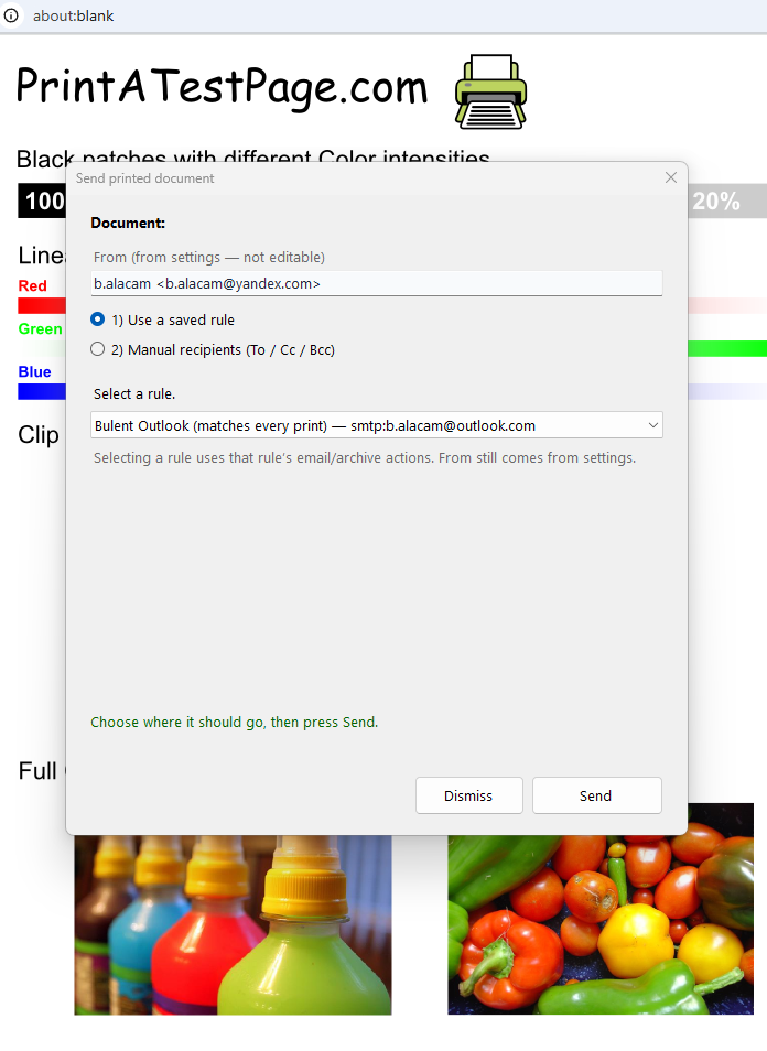 PrintPilot pop-up dialog for rule and recipient selection