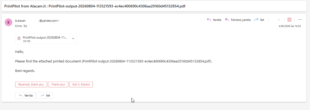 Inbox view showing automatically emailed PDF attachment