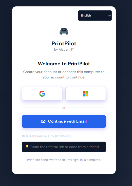 Welcome to PrintPilot login screen